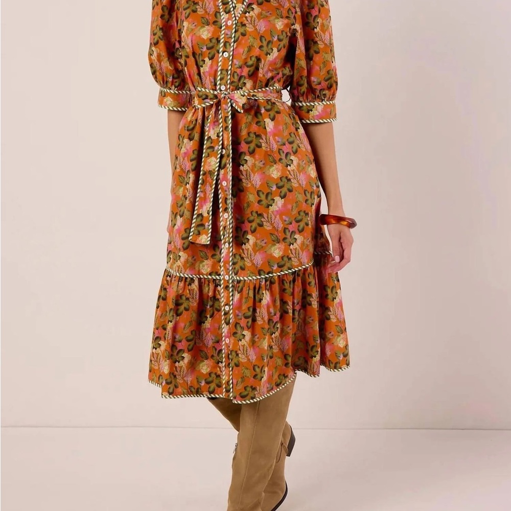 THML Orange Floral Midi Dress with Pink and Green Accents - Picture 2 of 4